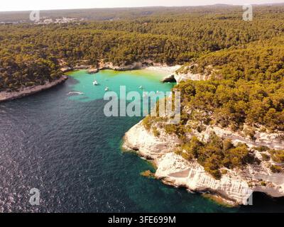 Vista aerea di Cala Mitjana con le sue acque turchesi, scogliere rocciose e foreste di pini circostanti, con barche ancorate nella baia, Spagna. Foto Stock