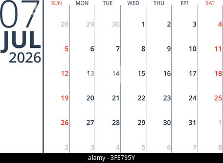 Luglio 2026 Calendario mensile nordico monocromo inglese Griglia minimalista Pianificatore d'ufficio (Compatibile con 2037 e 2043). Illustrazione Vettoriale
