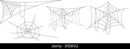 Collezione delicata di angoli di ragnatela con linee sottili di ragnatela e forme eleganti. Elementi vettoriali decorativi di Halloween isolati su sfondo bianco per Illustrazione Vettoriale
