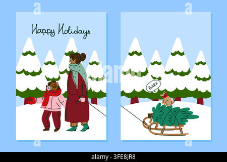 Biglietto d’auguri invernali con due scene festive con persone, alberi di Natale e una slitta, illustrazione affascinante sulla ricreazione familiare madre Illustrazione Vettoriale
