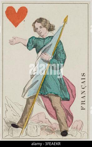 Un'incisione del 1848 di Isidore Patrois, un designer francese, che presenta una figura rappresentante Guglielmo Tell, un personaggio, in piedi su rocce con una lancia e una bandiera, in una tunica verde, pantaloni marroni e scarpe scure, con un panno rosso drappeggiato dietro, e una forma a cuore rossa sopra la testa della figura, con la parola „FRANCAIS“ stampata verticalmente lungo il bordo destro. Foto Stock