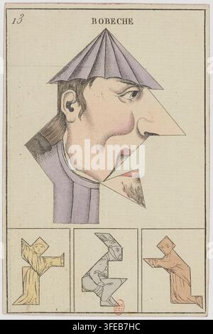 Una figura Tangram, composta da forme geometriche, disposta per formare una testa con un cappello a punta e un naso lungo, posizionata sopra tre pannelli più piccoli, ciascuno che mostra una figura diversa realizzata con le stesse forme, inserita in un bordo rettangolare, datata al periodo 1800-1830. Foto Stock