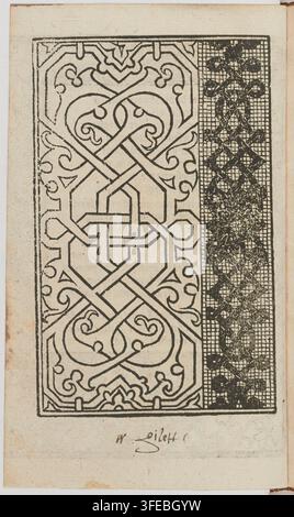 Una stampa del 1545 di Jean Troveon, un incisore francese, con un disegno rettangolare per arazzo o ricamo, con motivi geometrici e curvilinei intrecciati, e un motivo ripetitivo fitto di piccoli motivi floreali, accompagnato da testo manoscritto che include il nome W. Gilett. Foto Stock