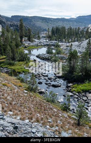 Un torrente d'acqua dolce incontaminato nelle montagne della Sierra Nevada in California, scorre attraverso la bellissima e aspra paesaggio montano. Foto Stock