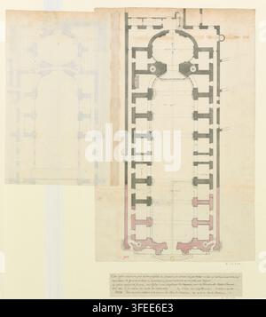 Un disegno del 1710 della pianta del Tempio dell'Oratorio del Louvre a Parigi, Francia, con una navata centrale, navate laterali e un'abside semicircolare. Foto Stock