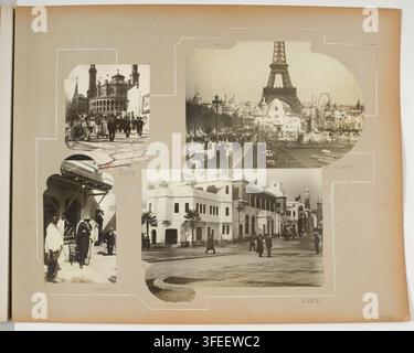 Una fotografia composita di Maurice Louis Richer che mostra quattro scene urbane dell'Esposizione universale di Parigi del 1900, con vari edifici, strade e persone, tra cui una torre alta di ferro, un edificio a cupola e palme. Foto Stock