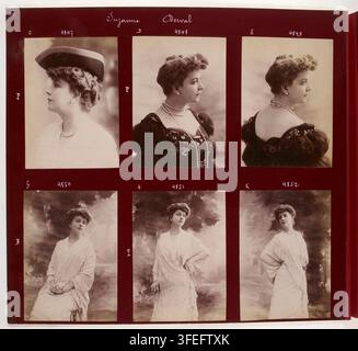 Ritratti di Suzanne Derval, una donna in varie pose e abiti, compresi cappelli, vestiti e gioielli, di Léopold Reutlinger, un fotografo francese, tra il 1875 e il 1917. Foto Stock