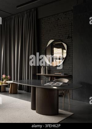 Interno scuro, moderno e suggestivo con mobili minimalisti Foto Stock