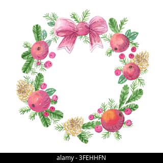 Corona natalizia ad acquerello con fiocco rosa, bacche, rami di conifere e illustrazione di pigne. Elegante cornice botanica festiva per le festività invernali Foto Stock