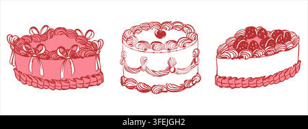 Un set di torte vettoriali. Dessert in stile vintage con fragole, ciliegie e panna. Perfetto per matrimoni, compleanni o San Valentino. Adatto per inviti e biglietti nello stile Coquette. Illustrazione Vettoriale