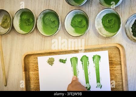 Mano che testa la qualità della polvere di matcha su carta Foto Stock