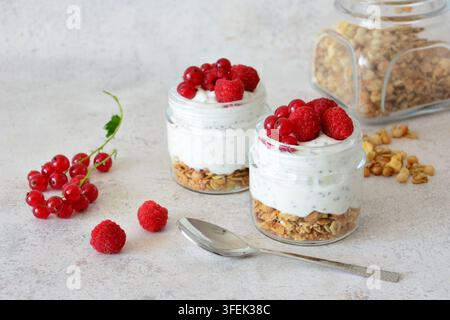 Parfait di yogurt sani con lamponi freschi, ribes rosse e granola Foto Stock