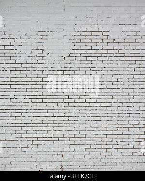 Muro in mattoni e malta dipinto di bianco con superfici di mattoni lisce e piatte che mostrano danni da crepe e fratture e vernice scrostata Foto Stock