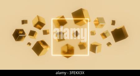 Cubi 3D dorati con illuminazione al neon quadrata su sfondo giallo, rendering 3D. Foto Stock