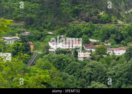 Un tranquillo villaggio collinare con case raggruppate circondate da una fitta foresta verde e strade tortuose, che trasmettono fascino rurale, vita pacifica e abbondanza Foto Stock
