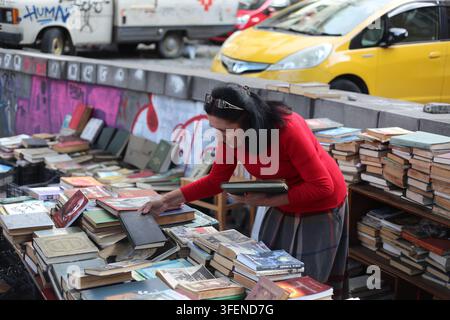 Una venditrice ambulante di libri sistema libri usati a una bancarella all'aperto a Tbilisi, Georgia, con il traffico che passa in sottofondo Foto Stock