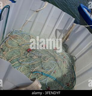 La scena mostra un contenitore bianco a ondulazioni riempito con una rete da pesca, corde blu e galleggianti rossastri. Il contenitore si trova accanto a un porto aperto w Foto Stock