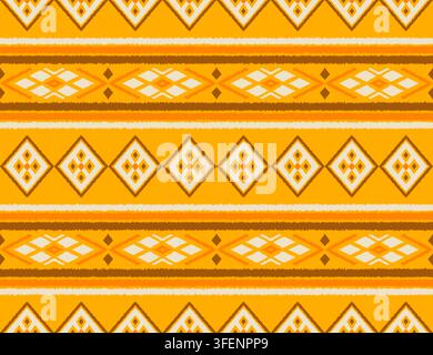 Motivo a bordatura ikat tribale giallo senape senza cuciture disegnato a mano per abito estivo con nastro di rifinitura Foto Stock