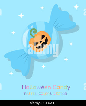 Dolce Halloween avvolto in un blu brillante con una zucca a forma di lanterna arancione, stelle bianche scintillanti e lettere multicolori giocose Illustrazione Vettoriale