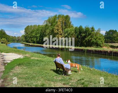 Donna seduta su una panchina con un cane accanto a un canale in un parco estivo soleggiato, rilassandosi Foto Stock