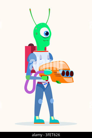 Alieno amichevole in abito con una pistola. Illustrazione vettoriale di cartone animato Illustrazione Vettoriale