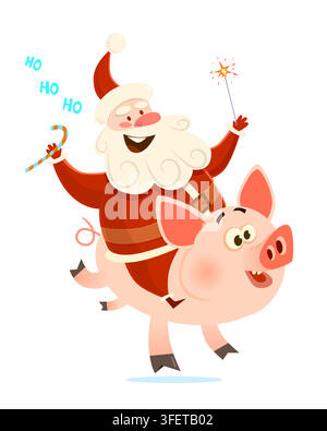 Babbo Natale in sella a un maiale. Illustrazione in stile piatto cartoon Illustrazione Vettoriale