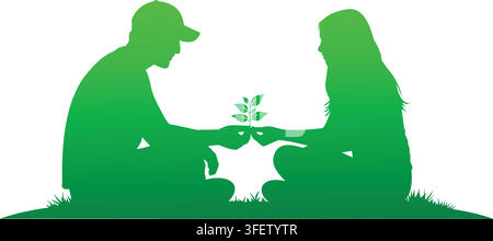 Una silhouette verde di una coppia che pianta un piccolo albero Illustrazione Vettoriale