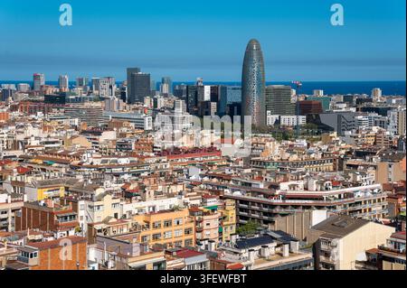 Skyline della città di Barcellona con alti edifici per uffici e il Mar Mediterraneo all'orizzonte Foto Stock