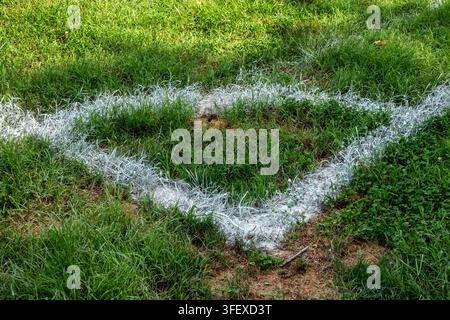 Un'intersezione o un marcatore d'angolo a linea bianca dipinta su un campo da calcio in erba. Foto Stock