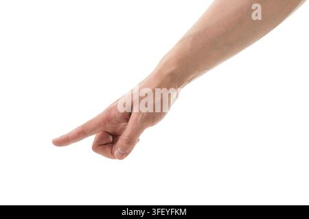 Mano maschile isolata su sfondo bianco che indica o tocca qualcosa Foto Stock