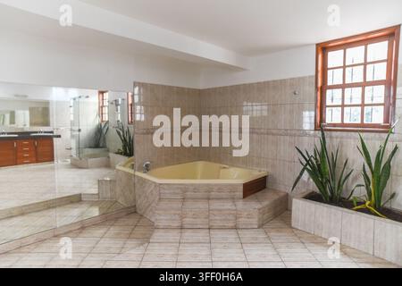 Bagno di lusso spazioso: un bagno luminoso e arioso con una grande vasca idromassaggio, una doccia walk-in con box in vetro e un doppio lavandino Foto Stock