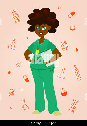 Poster di un personaggio medico. Illustrazione in stile piatto cartoon isolata su sfondo bianco Illustrazione Vettoriale