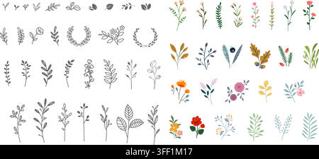 Set di illustrazioni vettoriali di elementi floreali disegnati a mano con rami di foglie, ghirlande, fiori in fiore, bacche, arte lineare e clipart a colori. Illustrazione Vettoriale