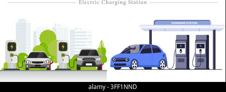 Set di illustrazioni vettoriali del concetto di stazione di ricarica elettrica con auto elettriche, punti di ricarica, cavi di spina, stazione ecologica e paesaggio urbano. Illustrazione Vettoriale