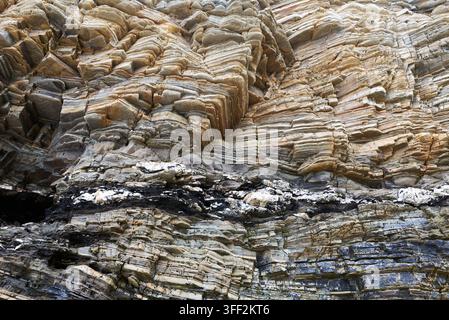 Una formazione geologica costituita da strati di roccia che mostrano texture e fratture dettagliate alla Praia das Catedrais in Galizia Foto Stock