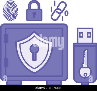 Icona della serratura digitale viola del caveau. Illustrazione vettoriale. Serratura elettronica a combinazione ad alta sicurezza. Cassaforte, serratura, lucchetto, impronta digitale e chiavetta USB w Illustrazione Vettoriale