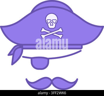 Icona di costume colorato. Icona vettoriale. Cappello da pirata con teschio e ossa incrociate. Occhiale e baffi. Abbigliamento per feste. Concetto del carnevale brasiliano Illustrazione Vettoriale