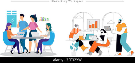Set di illustrazioni vettoriali di spazi di coworking con collaborazione di squadra, uffici moderni, colleghi che lavorano insieme e simboli aziendali. Illustrazione Vettoriale