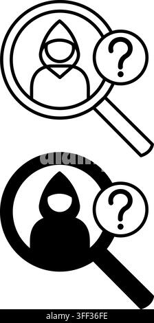 Icone sospette. Illustrazioni vettoriali in bianco e nero. Uomo incappucciato, lente d'ingrandimento e punto interrogativo. Persona sospettata di commettere un crimine. Polizia C Illustrazione Vettoriale