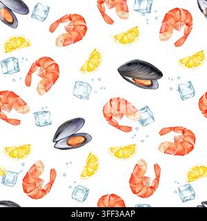 Illustrazione di un motivo senza cuciture disegnato a mano con frutti di mare, gamberetti, cozze e limone Foto Stock