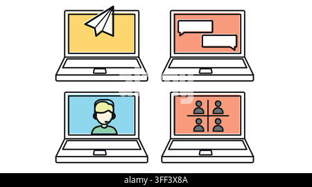 Set di icone vettoriali per la comunicazione digitale e il lavoro a distanza su computer portatili. Arte lineare nera con stile di riempimento offset a colori su sfondo bianco. Illustrazione Vettoriale