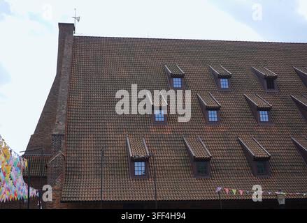 Primo piano del tetto della storica Grande Mulino (Wielki Mlyn) con tegole rosse e finestre a lucernario a Danzica, Polonia. Foto Stock