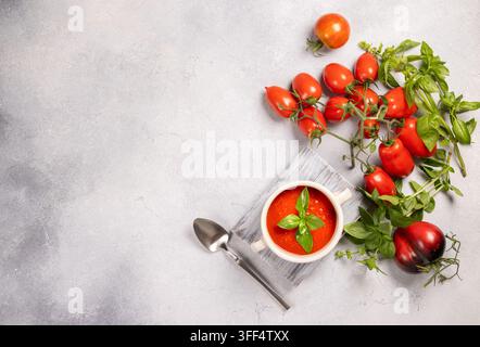 Porzione di zuppa di pomodoro in una ciotola di ceramica con guarnizione di basilico fresco, circondata da pomodori maturi su una vite e foglie di basilico verde, creando un sano e f Foto Stock
