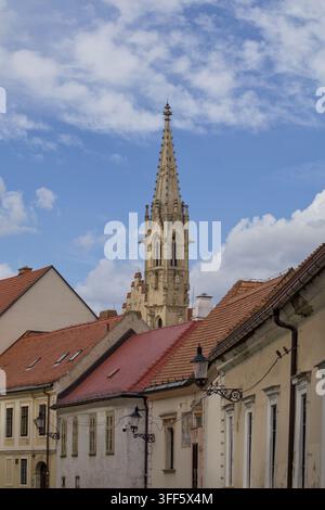 Architettura storica a Bratislava, Slovacchia, con una torre di chiesa che si erge sopra edifici tradizionali con tetti rossi sotto un cielo blu. Foto Stock