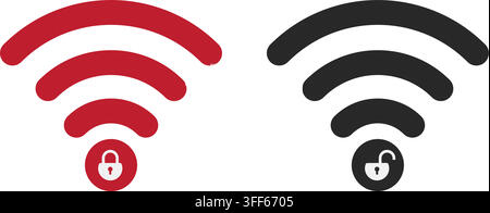 Set di icone di segnale Wi-Fi che mostrano simboli di serratura bloccati e sbloccati per rappresentare connessioni wireless sicure e aperte Illustrazione Vettoriale