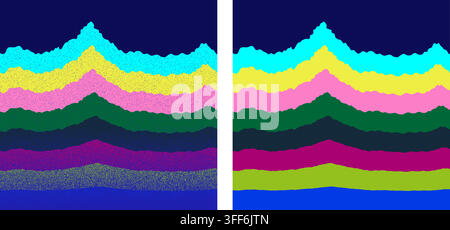 Illustrazione astratta di catene montuose colorate con forme ondulate stratificate e una vivace tavolozza di colori neon Illustrazione Vettoriale