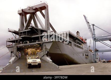 980823-F-0881Z-501  Un Humvee dell'esercito americano è il primo veicolo a lasciare la nave del Military Sealift Command USNS Soderman a Rijeka, Croazia, il 23 agosto 1998. Soderman, una delle navi grandi e a media velocità roll-on/roll-off della Marina degli Stati Uniti, sta scaricando 29 elicotteri e centinaia di veicoli e container a sostegno della divisione di cavalleria dell'esercito americano 1st Cavalry Division nel dispiegamento in Bosnia ed Erzegovina per l'operazione Joint Forge. Questa è la prima volta che un porto dell'ex Repubblica di Jugoslavia viene utilizzato per scaricare equipaggiamento da combattimento pesante a sostegno delle forze di pace della NATO nella regione. La 1st C Foto Stock