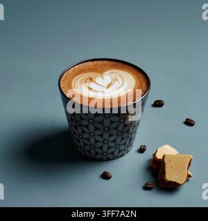 Caffè latte art caldo in una tazza di ceramica a motivi con caramella al miele e chicchi di caffè su uno sfondo blu ardesia Foto Stock