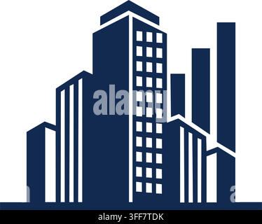 Un'illustrazione grafica minimalista di uno skyline cittadino moderno con un grattacielo centrale prominente e edifici circostanti Illustrazione Vettoriale