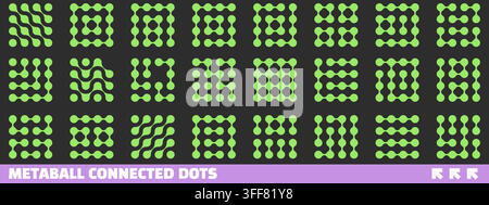 Forme di metaball. Puntini fluidi vibranti. Neuroni, molecole, puntini o cellule liquide connessi. Set geometrico colorato Illustrazione Vettoriale